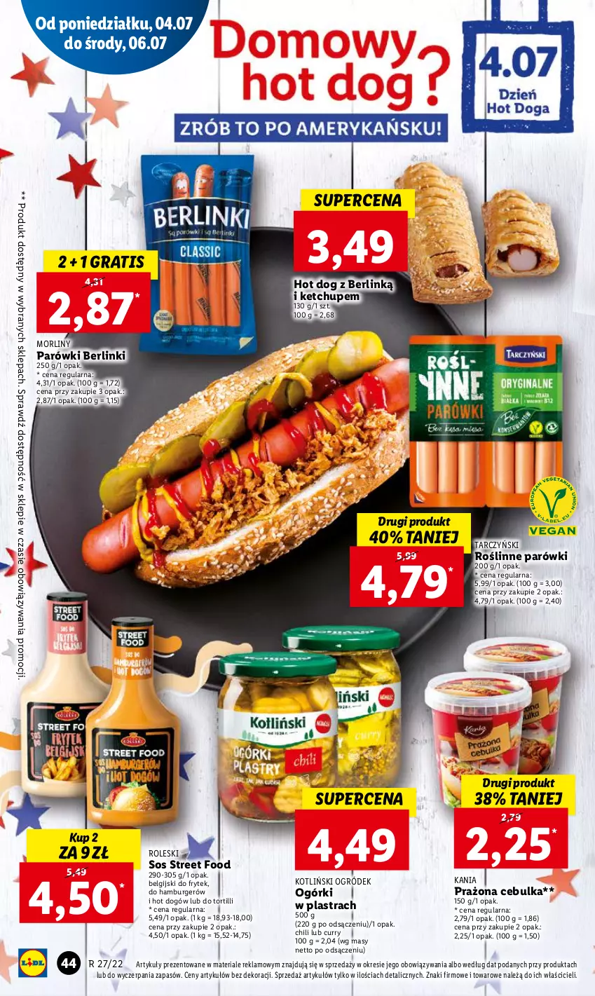 Gazetka promocyjna Lidl - GAZETKA - ważna 04.07 do 06.07.2022 - strona 44 - produkty: Berlinki, Burger, Gra, Hamburger, Hot dog, Ketchup, LG, Morliny, Ogród, Parówki, Sos, Tarczyński