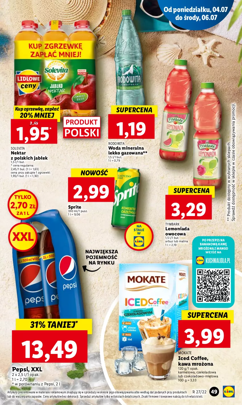 Gazetka promocyjna Lidl - GAZETKA - ważna 04.07 do 06.07.2022 - strona 49 - produkty: Arbuz, Kawa, Lemoniada, Mango, Nektar, Pepsi, Por, Sprite, Tymbark, Woda, Woda mineralna