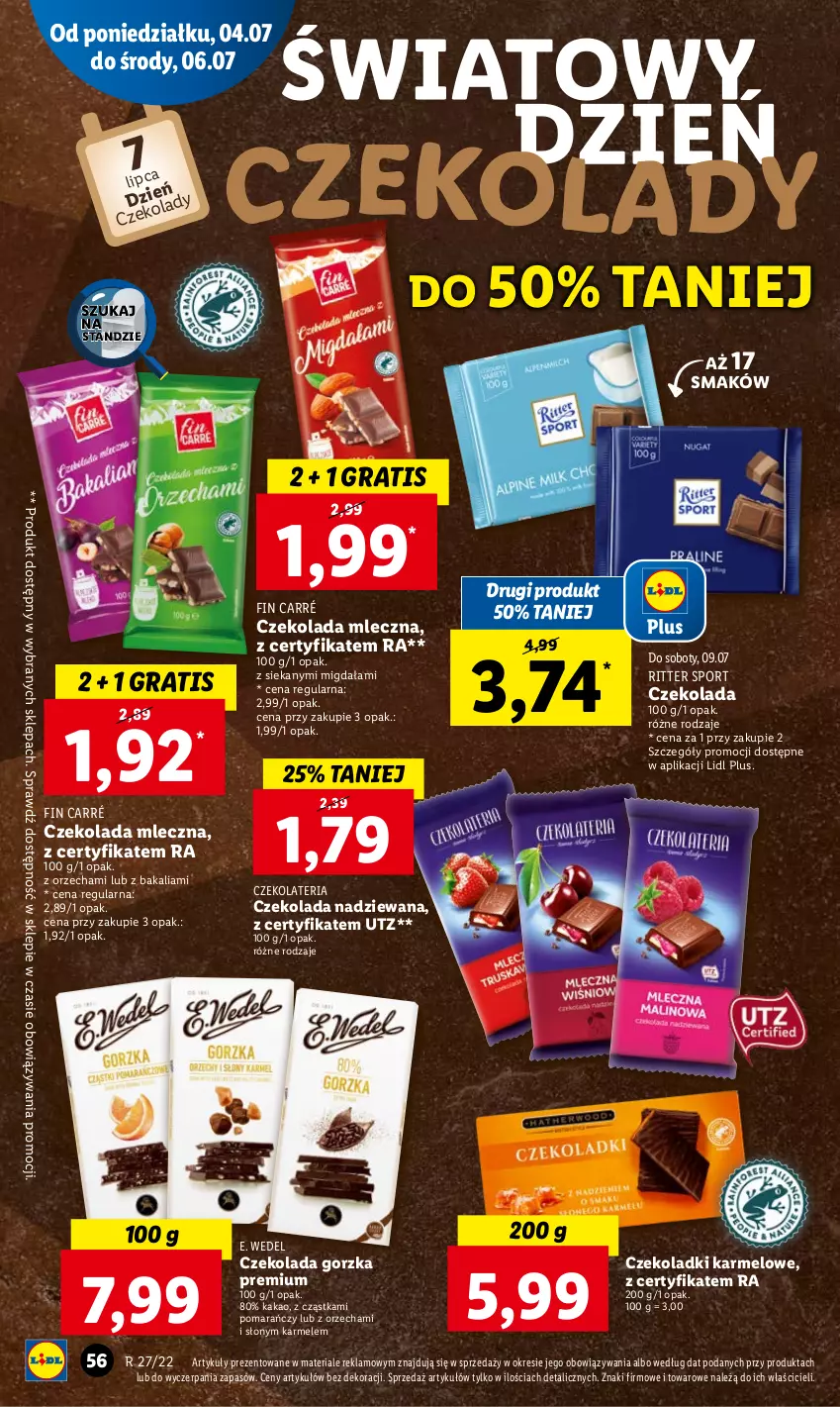 Gazetka promocyjna Lidl - GAZETKA - ważna 04.07 do 06.07.2022 - strona 56 - produkty: Czekolada, Czekolada gorzka, Czekolada mleczna, Czekolada nadziewana, E. Wedel, Gra, Kakao, Por, Ritter Sport, Sport