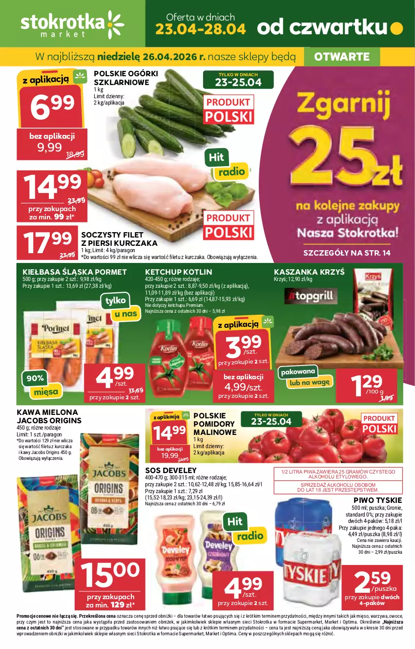 Gazetka promocyjna Stokrotka - Market - ważna 23.04 do 28.04.2026 - strona 1 - produkty: Filet z piersi kurczaka, Gin, Gra, Jacobs, JBL, Kasza, Kaszanka, Kawa, Kawa mielona, Ketchup, Kiełbasa, Kiełbasa śląska, Kotlin, Kurczak, Mięso, Optima, Owoce, Piwa, Piwo, Pomidory, Por, Sos, Tyskie, Warzywa
