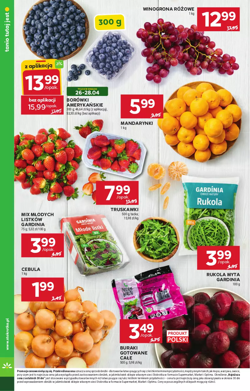 Gazetka promocyjna Stokrotka - Market - ważna 23.04 do 28.04.2026 - strona 10 - produkty: Buraki, Cebula, Mandarynki, Mięso, Optima, Owoce, Rukola, Truskawki, Warzywa, Wino, Winogrona