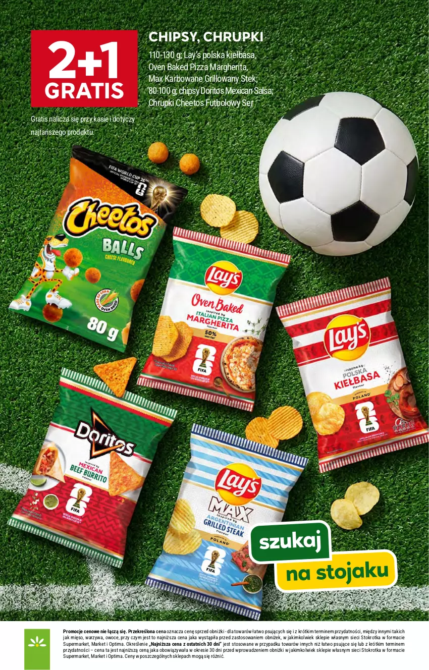 Gazetka promocyjna Stokrotka - Market - ważna 23.04 do 28.04.2026 - strona 16 - produkty: Cheetos, Chipsy, Chrupki, Gra, Grill, Kiełbasa, Lay’s, Mięso, Optima, Owoce, Pizza, Pizza margherita, Salsa, Ser, Stek, Warzywa