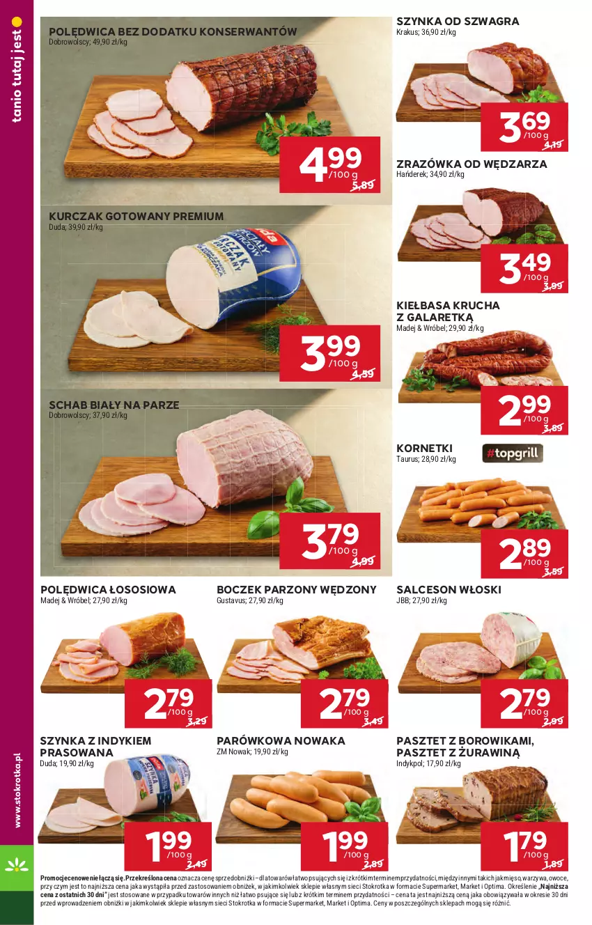 Gazetka promocyjna Stokrotka - Market - ważna 23.04 do 28.04.2026 - strona 18 - produkty: Boczek, Duda, Gala, Gra, Kiełbasa, Kiełbasa krucha, Krakus, Kurczak, Kurczak gotowany, Mięso, NOWAK, Optima, Owoce, Pasztet, Polędwica, Salceson, Ser, Sos, Szynka, Warzywa