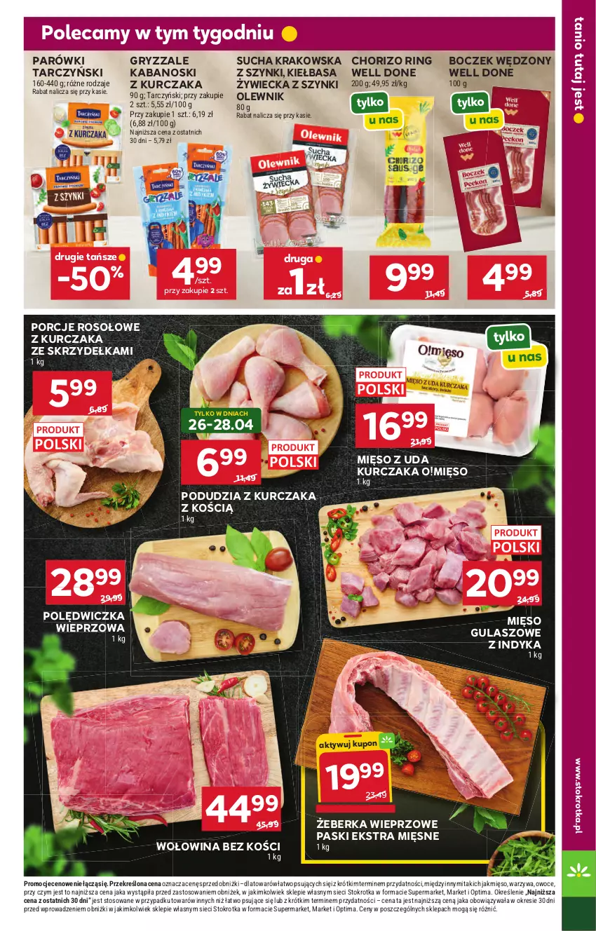 Gazetka promocyjna Stokrotka - Market - ważna 23.04 do 28.04.2026 - strona 19 - produkty: Boczek, Gry, Kabanos, Kiełbasa, Kurczak, Mięso, Mięso z uda kurczaka, Olewnik, Optima, Owoce, Parówki, Polędwiczka wieprzowa, Por, Tarczyński, Warzywa, Wołowina, Wołowina bez kości