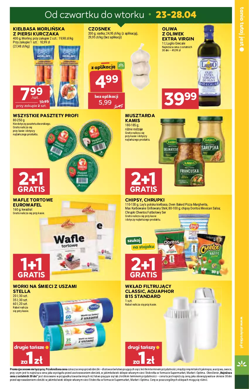 Gazetka promocyjna Stokrotka - Market - ważna 23.04 do 28.04.2026 - strona 7 - produkty: Aquaphor, Cheetos, Chipsy, Chrupki, Czosnek, Gin, Gra, Grill, Kamis, Kiełbasa, Kurczak, Lay’s, Mięso, Morliny, Mus, Musztarda, Oliwa z oliwek, Optima, Owoce, Pasztet, Pizza, Pizza margherita, Salsa, Ser, Siatka, Stek, Wafle, Wafle tortowe, Warzywa, Wkład filtrujący, Worki na śmiec, Worki na śmieci