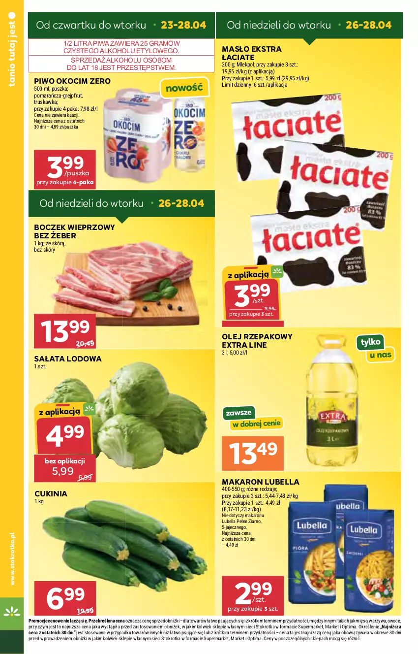 Gazetka promocyjna Stokrotka - Market - ważna 23.04 do 28.04.2026 - strona 8 - produkty: Bell, Bella, Boczek, Boczek wieprzowy, Gra, Grejpfrut, Koc, Lubella, Makaron, Masło, Mięso, Okocim, Olej, Olej rzepakowy, Optima, Owoce, Piwa, Piwo, Sałat, Sałata lodowa, Warzywa