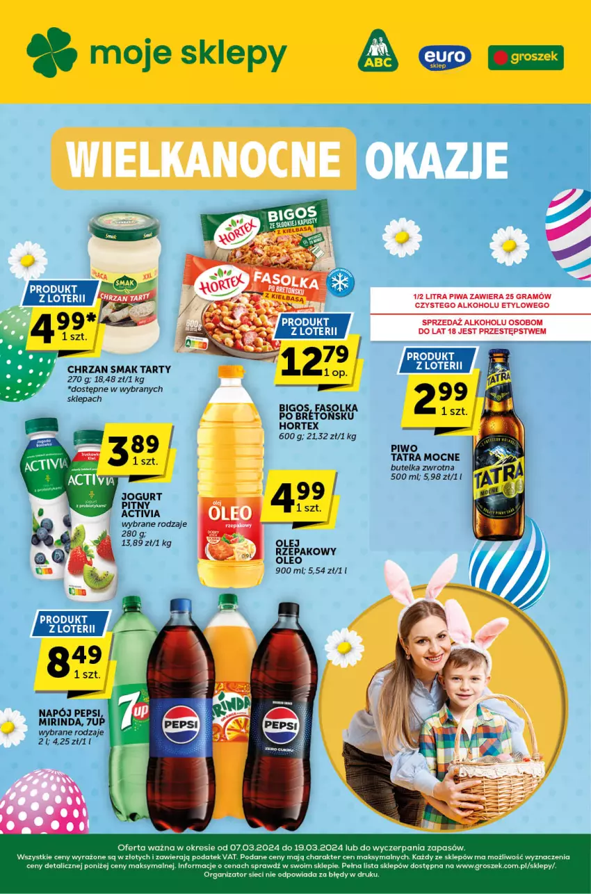 Gazetka promocyjna ABC - ważna 07.03 do 19.03.2024 - strona 1 - produkty: 7up, Activia, Bigos, Chrzan, Fa, Gra, Groszek, Hortex, Jogurt, Jogurt pitny, Mirinda, Napój, Olej, Olej rzepakowy, Oleo, Pepsi, Piwa, Piwo, Tatra