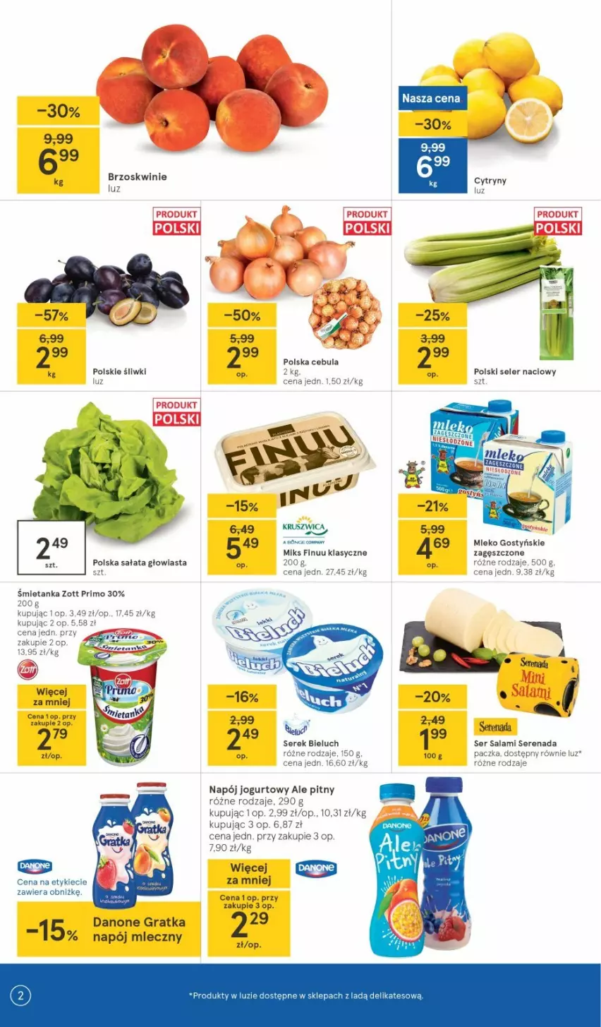 Gazetka promocyjna Tesco - Tesco gazetka - przyszły tydzień - ważna 26.08 do 01.09.2021 - strona 2 - produkty: Bieluch, Brzoskwinie, Cebula, Cytryny, Danone, Finuu, Gra, Jogurt, Mleko, Napój, Napój jogurtowy, Napój mleczny, Salami, Ser, Ser salami, Serek, Zott, Zott Primo