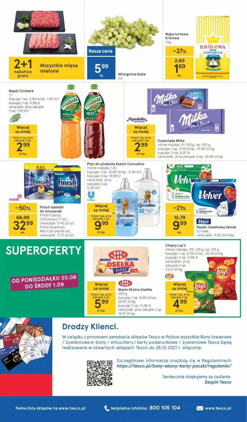 Gazetka promocyjna Tesco - Tesco gazetka - przyszły tydzień - ważna 26.08 do 01.09.2021 - strona 8 - produkty: Czekolada, Fa, Finish, Mąka, Mąka tortowa, Napój, Papier, Papier toaletowy, Ser, Top, Tymbark, Velvet, Wino, Winogrona