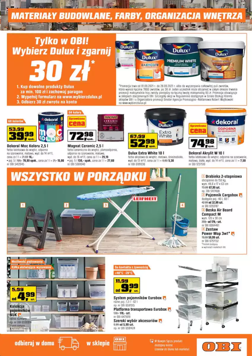 Gazetka promocyjna Obi - Gazetka OBI - ważna 15.09 do 28.09.2021 - strona 11 - produkty: Dekoral, Dulux, Fa, Farba ceramiczna, Farba lateksowa, Inka, Magnat Ceramic, Mola, Mop, Pojemnik, Por, Sport, Top, Tran