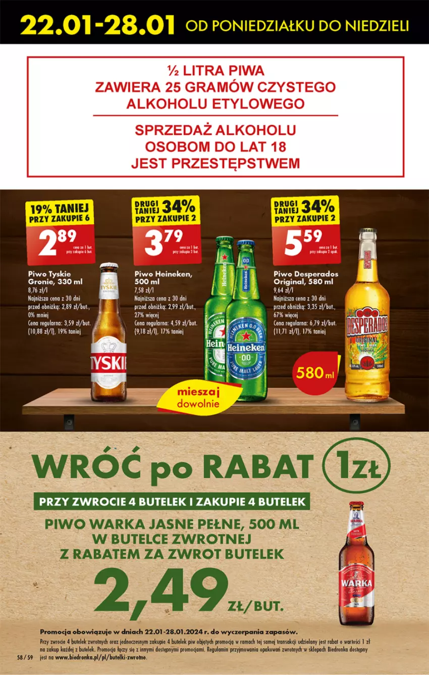 Gazetka promocyjna Biedronka - Od czwartku - ważna 25.01 do 31.01.2024 - strona 76 - produkty: Desperados, Dron, Gin, Heineken, Piwo, Rama, Sok, Tran, Tyskie, Warka