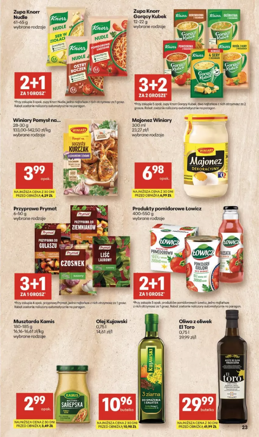 Gazetka promocyjna Delikatesy Centrum - Franczyza DC09 Czwartek - ważna 26.02 do 04.03.2026 - strona 23 - produkty: Kamis, Knorr, Kubek, Kujawski, Kurczak, Majonez, Mus, Musztarda, Olej, Oliwa z oliwek, Pomidory, Prymat, Przyprawy, Sałat, Winiary, Zupa