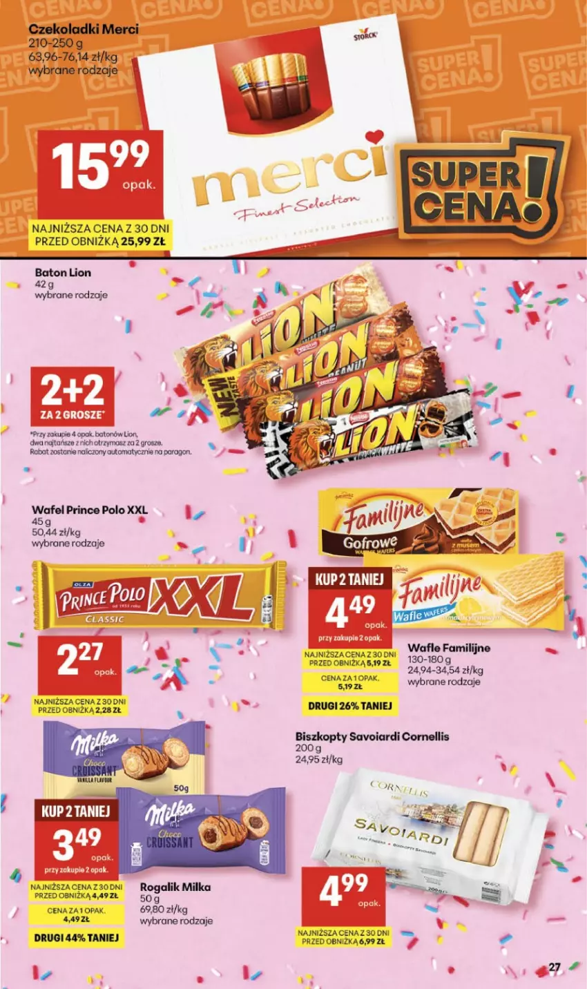 Gazetka promocyjna Delikatesy Centrum - Franczyza DC09 Czwartek - ważna 26.02 do 04.03.2026 - strona 27 - produkty: Baton, Biszkopty, Lion, Merci, Milka, Prince Polo, Rogal