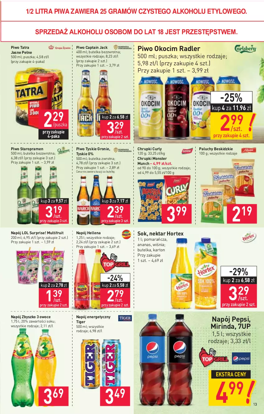 Gazetka promocyjna Stokrotka - Supermarket - ważna 27.05 do 01.06.2021 - strona 13 - produkty: 7up, Ananas, Beskidzki, Captain Jack, Chrupki, Gra, Hellena, Hortex, Koc, Mirinda, Monster Munch, Napój, Napój energetyczny, Nektar, Okocim, Owoce, Pepsi, Piwa, Piwo, Radler, Sok, Tatra, Tiger, Tyskie