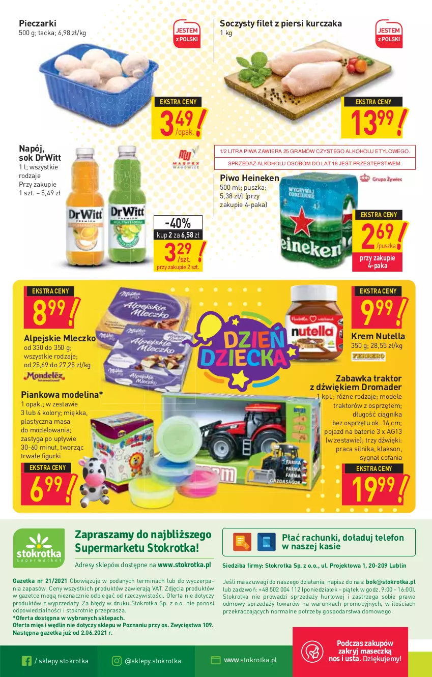 Gazetka promocyjna Stokrotka - Supermarket - ważna 27.05 do 01.06.2021 - strona 20 - produkty: Fa, Filet z piersi kurczaka, Gra, Heineken, Kurczak, Mleczko, Napój, Nutella, O nas, Piec, Piwa, Piwo, Pojazd, Sok, Telefon, Traktor, Wagi, Zabawka