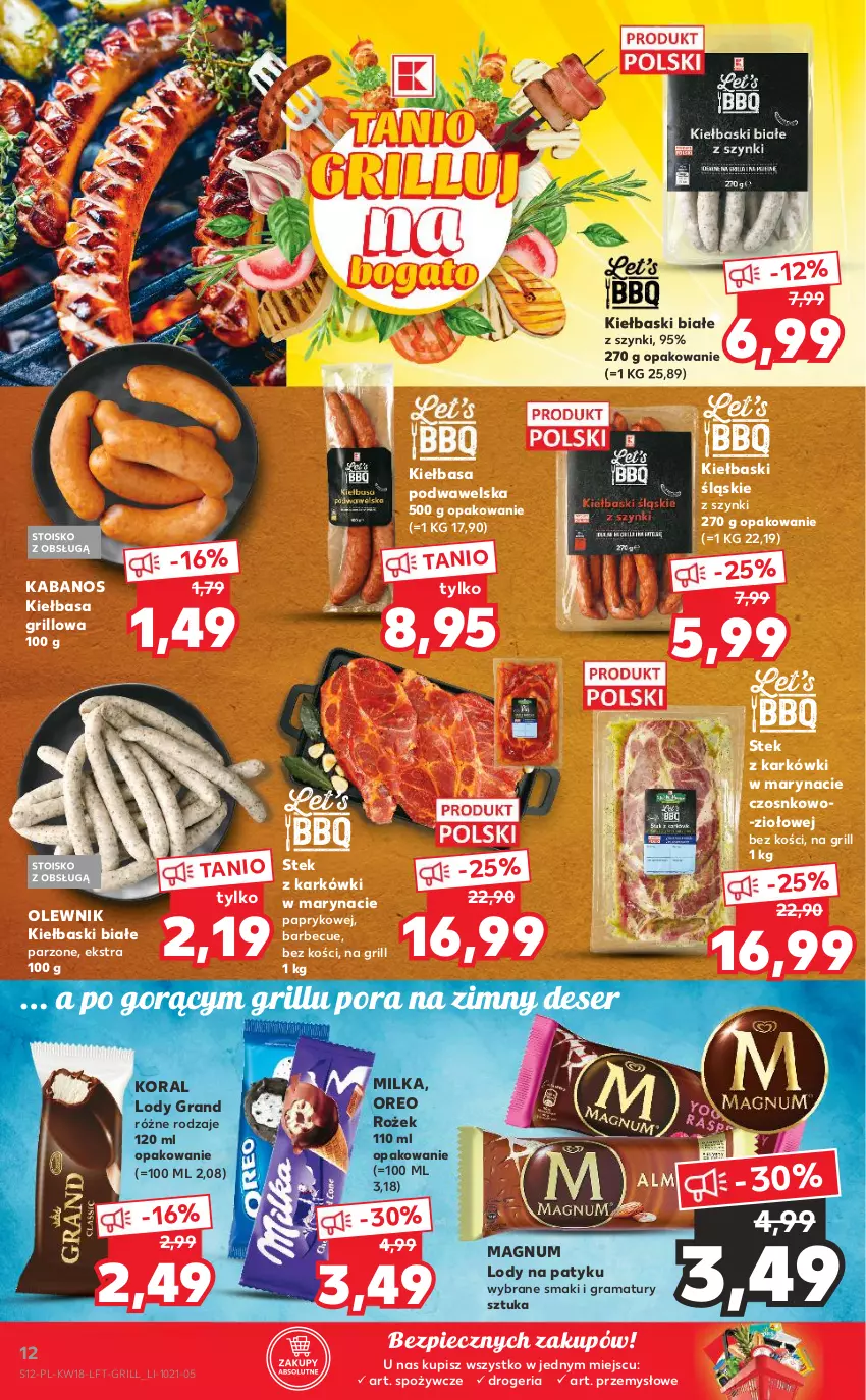 Gazetka promocyjna Kaufland - OFERTA TYGODNIA - ważna 06.05 do 12.05.2021 - strona 12 - produkty: Deser, Gra, Grill, Kabanos, Kiełbasa, Kiełbasa podwawelska, Kiełbaski białe, Kiełbaski śląskie, Lody, Milka, Olewnik, Oreo, Piec, Por, Rama, Ser, Stek, Wawel