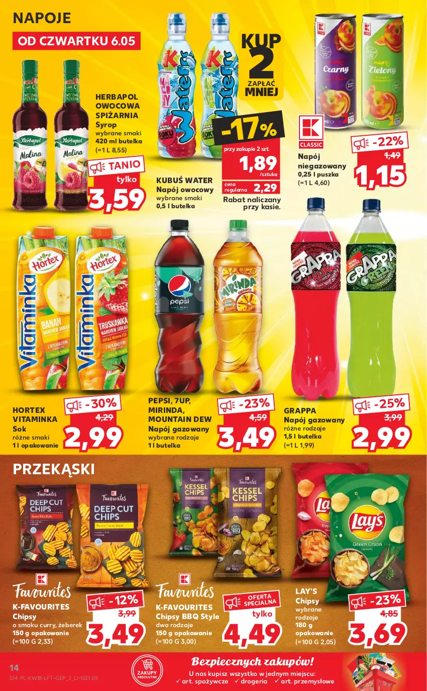 Gazetka promocyjna Kaufland - OFERTA TYGODNIA - ważna 06.05 do 12.05.2021 - strona 14 - produkty: 7up, Chipsy, Fa, Gra, Grappa, Herbapol, Hortex, Inka, Kubuś, Mirinda, Napój, Napój gazowany, Napój niegazowany, Napoje, Pepsi, Piec, Sok, Syrop