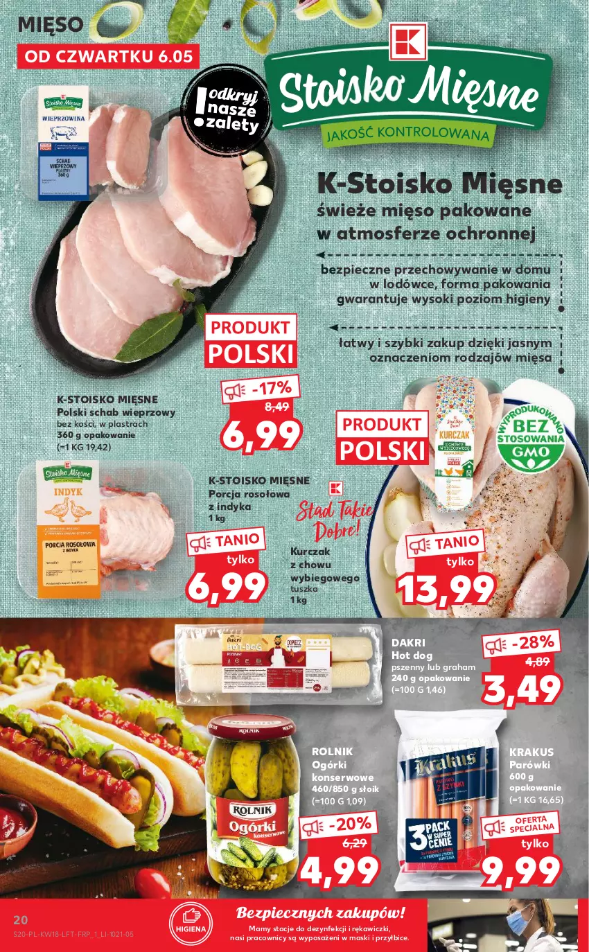 Gazetka promocyjna Kaufland - OFERTA TYGODNIA - ważna 06.05 do 12.05.2021 - strona 20 - produkty: BIC, Gra, Hot dog, Krakus, Kurczak, Mięso, Ogórki konserwowe, Parówki, Piec, Por, Rolnik, Schab wieprzowy, Ser, Sok, Tusz