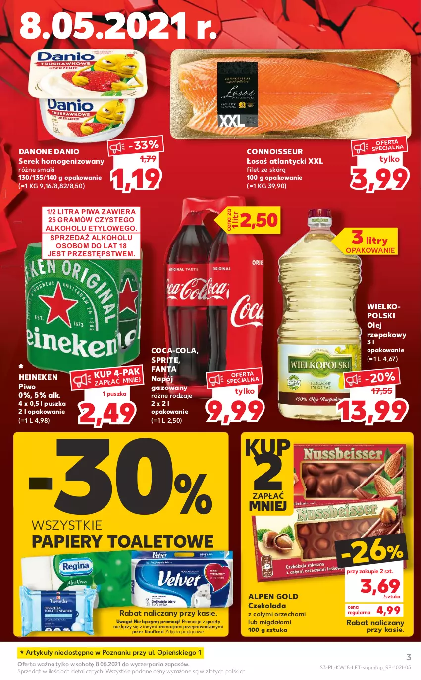 Gazetka promocyjna Kaufland - OFERTA TYGODNIA - ważna 06.05 do 12.05.2021 - strona 3 - produkty: Coca-Cola, Czekolada, Danio, Danone, Fa, Fanta, Gra, Heineken, Napój, Napój gazowany, Olej, Olej rzepakowy, Papier, Piwa, Piwo, Ser, Serek, Serek homogenizowany, Sprite, Waga