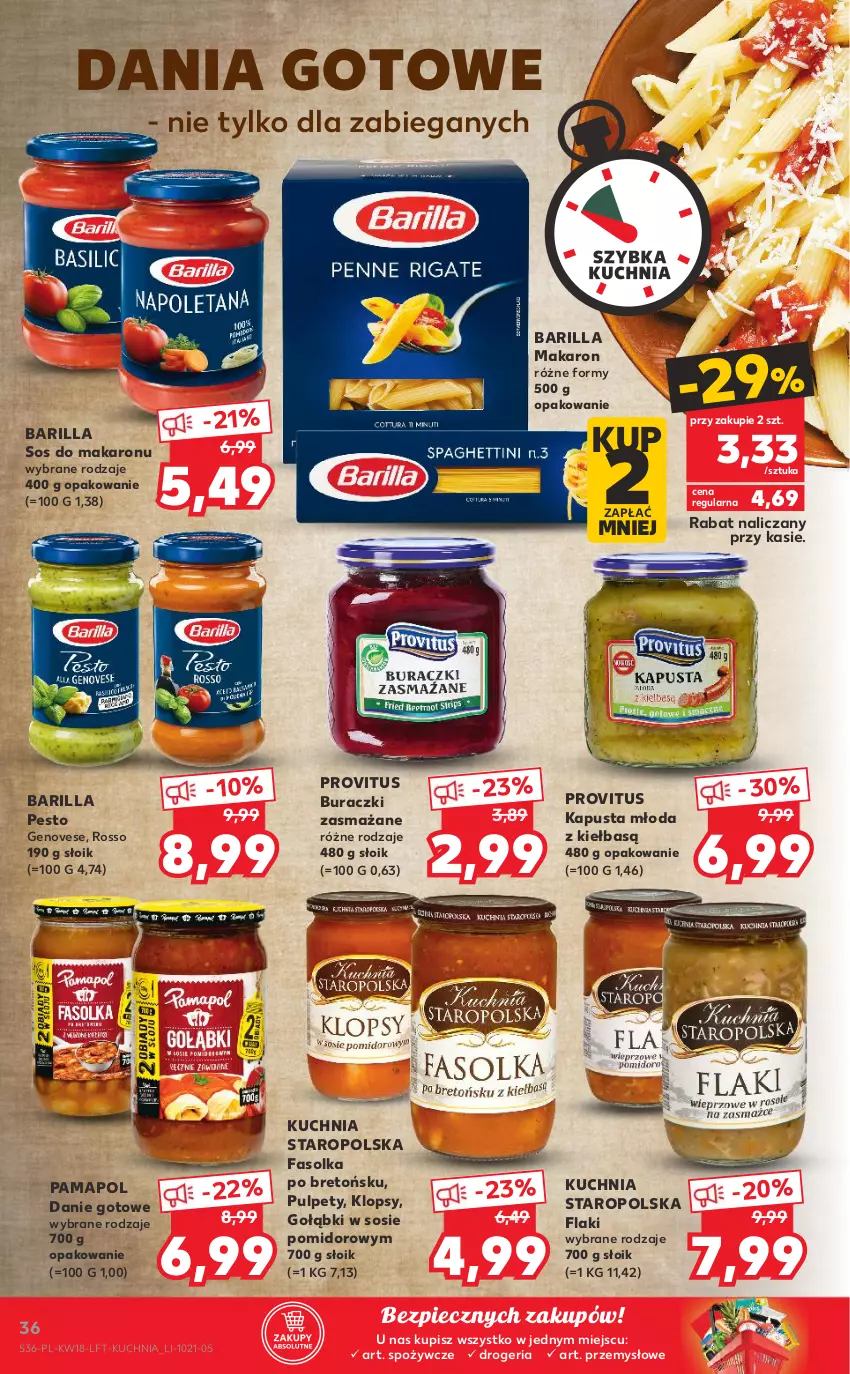 Gazetka promocyjna Kaufland - OFERTA TYGODNIA - ważna 06.05 do 12.05.2021 - strona 36 - produkty: Barilla, Buraczki, Dania gotowe, Danie gotowe, Fa, Flaki, Kuchnia, Kuchnia Staropolska, Makaron, Pesto, Piec, Pulpety, Sos, Sos do makaronu