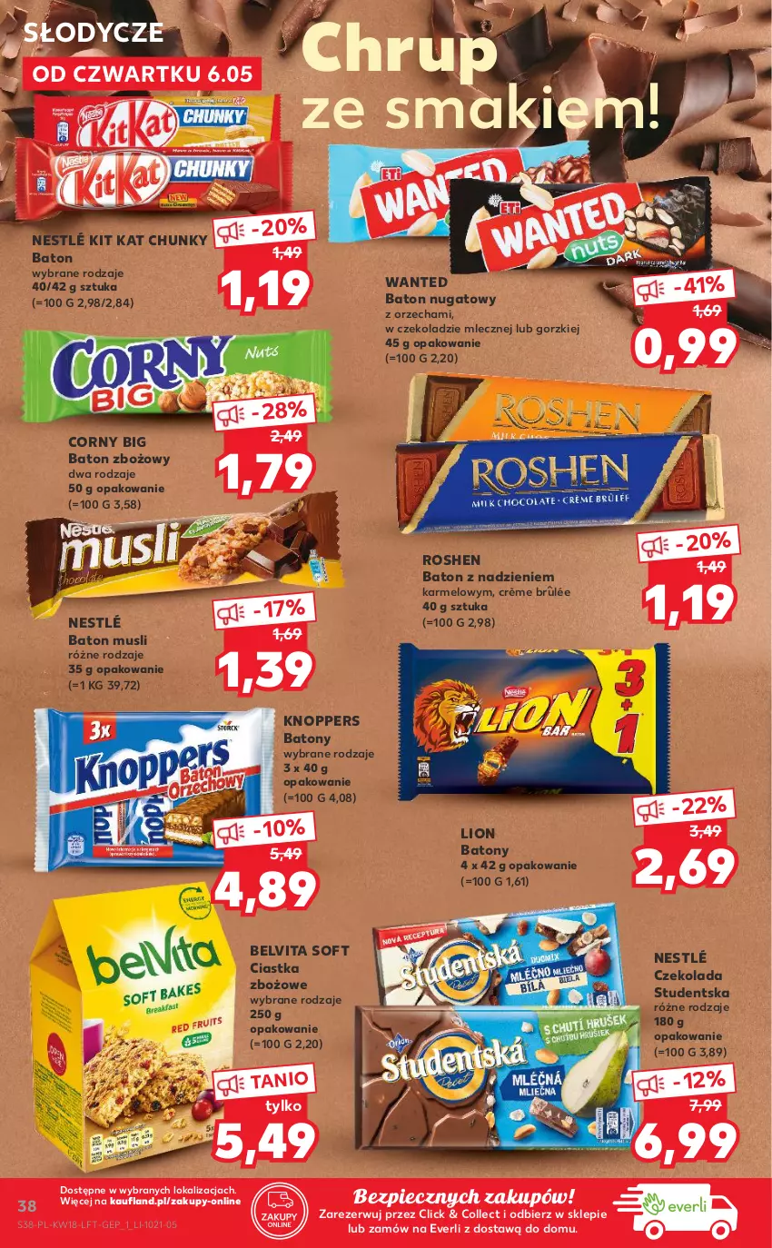 Gazetka promocyjna Kaufland - OFERTA TYGODNIA - ważna 06.05 do 12.05.2021 - strona 38 - produkty: Baton, BelVita, Ciastka, Czekolada, Kit Kat, Knoppers, Lion, Mus, Nestlé, Piec