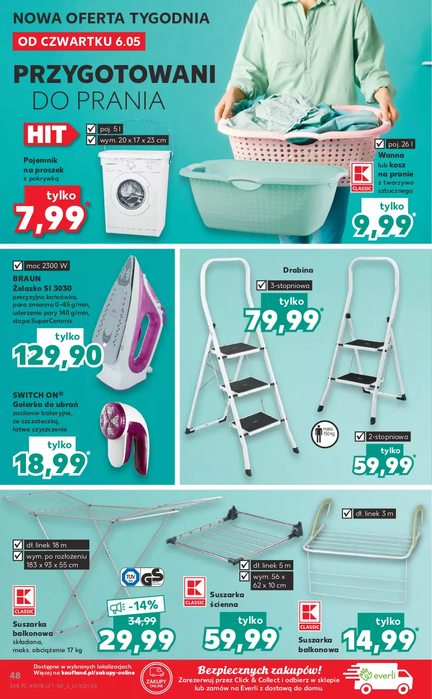 Gazetka promocyjna Kaufland - OFERTA TYGODNIA - ważna 06.05 do 12.05.2021 - strona 48 - produkty: Braun, Drabina, Golarka, Kosz, Piec, Pojemnik, Silan, Suszarka, Suszarka balkonowa, Top, Wanna