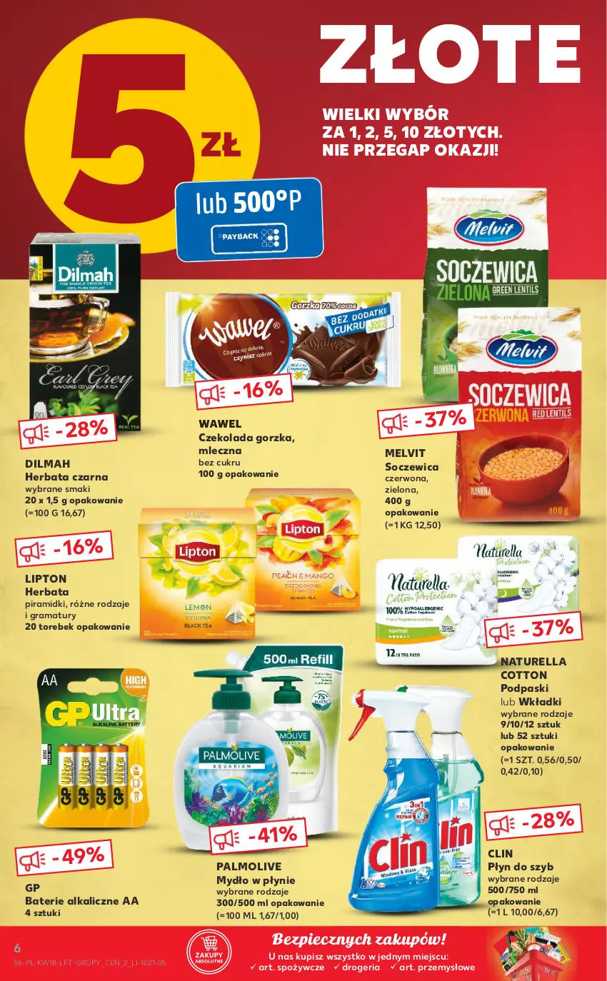 Gazetka promocyjna Kaufland - OFERTA TYGODNIA - ważna 06.05 do 12.05.2021 - strona 6 - produkty: Baterie alkaliczne, Clin, Czekolada, Czekolada gorzka, Dilmah, Gra, Herbata, Herbata czarna, Lipton, Melvit, Mydło, Mydło w płynie, Naturell, Naturella, Palmolive, Piec, Płyn do szyb, Podpaski, Rama, Wawel, Wkładki