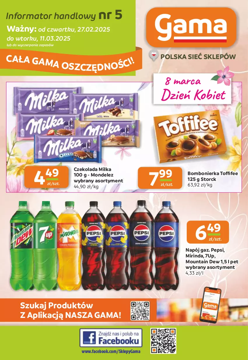 Gazetka promocyjna Gama - Gazetka Gama - ważna 27.02 do 11.03.2025 - strona 1 - produkty: 7up, Czekolada, Fa, Milka, Mirinda, Napój, Pepsi