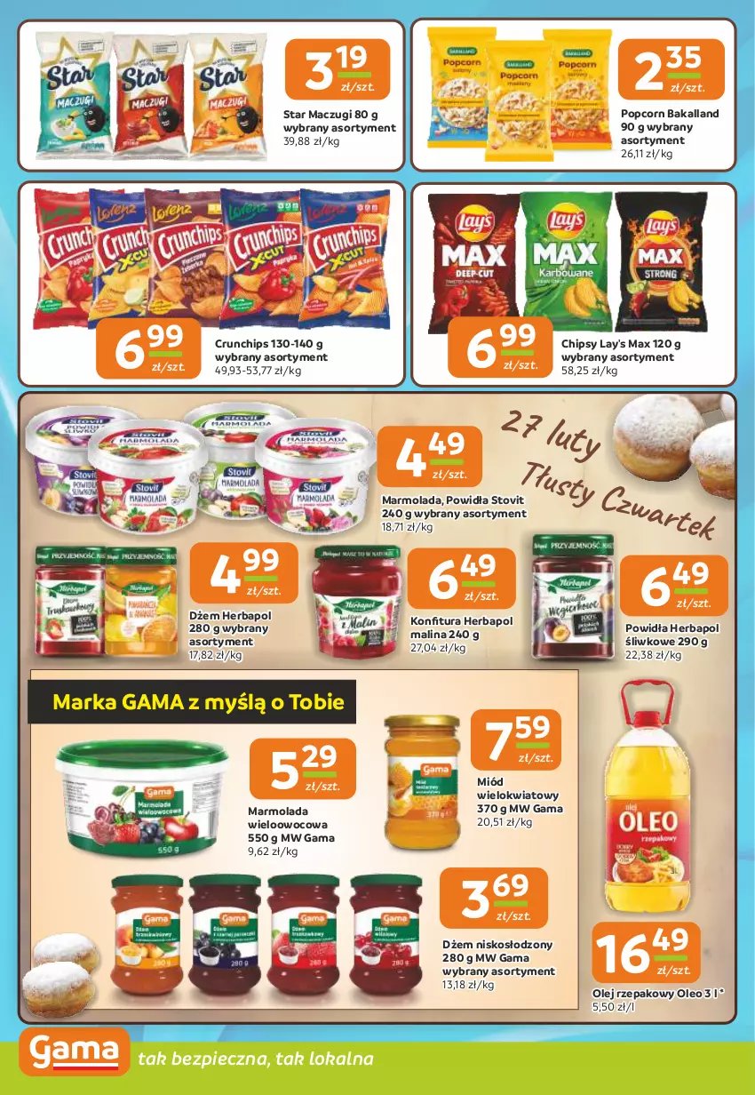 Gazetka promocyjna Gama - Gazetka Gama - ważna 27.02 do 11.03.2025 - strona 6 - produkty: Bakalland, Chipsy, Crunchips, Dżem, Herbapol, Marmolada, Miód, Mola, Olej, Olej rzepakowy, Oleo, Piec, Popcorn