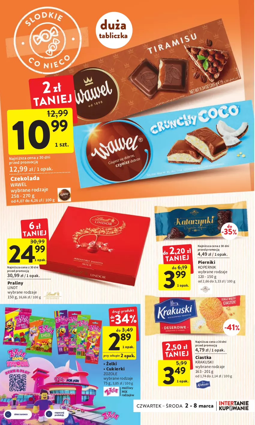 Gazetka promocyjna Intermarche - Gazetka Intermarche - ważna 02.03 do 08.03.2023 - strona 28 - produkty: Ciastka, Cukier, Cukierki, Czekolada, Krakus, Krakuski, Lindt, Piernik, Praliny, Wawel