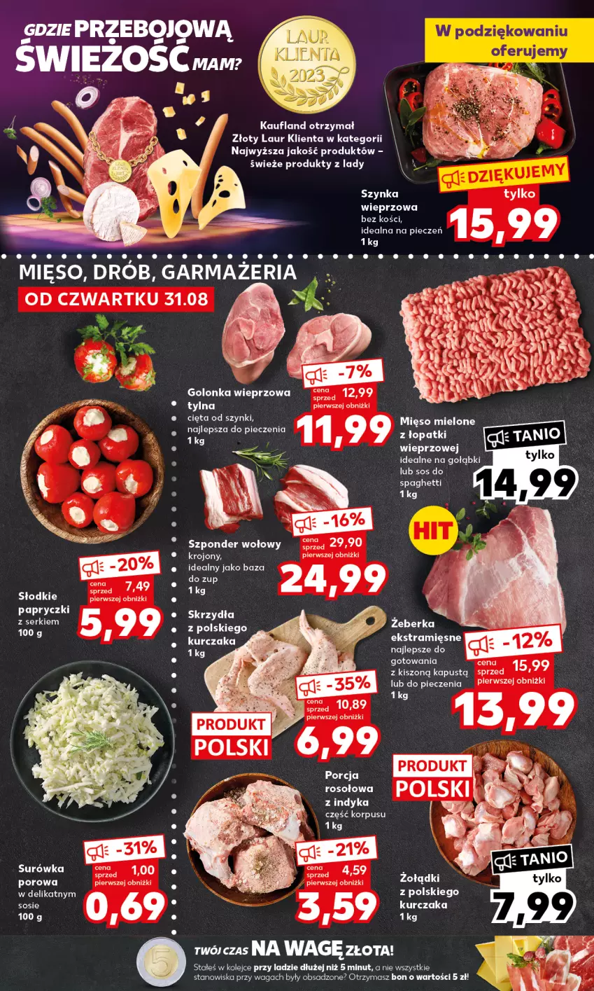 Gazetka promocyjna Kaufland - Mocny Start - ważna 04.09 do 06.09.2023 - strona 8 - produkty: Golonka wieprzowa, Kurczak, Laur, Olej, Piec, Por, Spaghetti, Szponder wołowy, Szynka, Waga