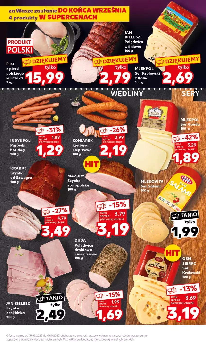 Gazetka promocyjna Kaufland - Mocny Start - ważna 04.09 do 06.09.2023 - strona 9 - produkty: Gouda, Gra, Hot dog, Krakus, Mleko, Mlekovita, Parówki, Pieprz, Polędwica, Salami, Ser, Ser salami, Szynka