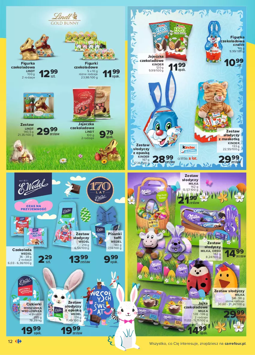 Gazetka promocyjna Carrefour - Gazetka Co masz dla mnie, zajączku? - ważna 15.03 do 03.04.2021 - strona 12 - produkty: Cukier, Cukierki, Czekolada, Kinder, Lindt, Mieszanka wedlowska, Milka, Oreo, Sanki