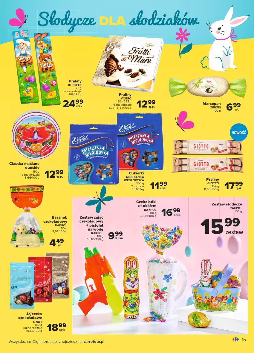 Gazetka promocyjna Carrefour - Gazetka Co masz dla mnie, zajączku? - ważna 15.03 do 03.04.2021 - strona 15 - produkty: Ciastka, Cukier, Cukierki, Lindt, Mieszanka wedlowska, Pistolet, Praliny, Toffifee