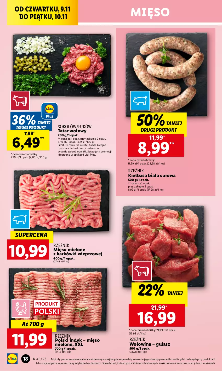 Gazetka promocyjna Lidl - GAZETKA - ważna 09.11 do 10.11.2023 - strona 34 - produkty: Kiełbasa, Kiełbasa biała, Mięso, Mięso mielone, Olej, Sok, Sokołów, Tatar wołowy, Wołowina