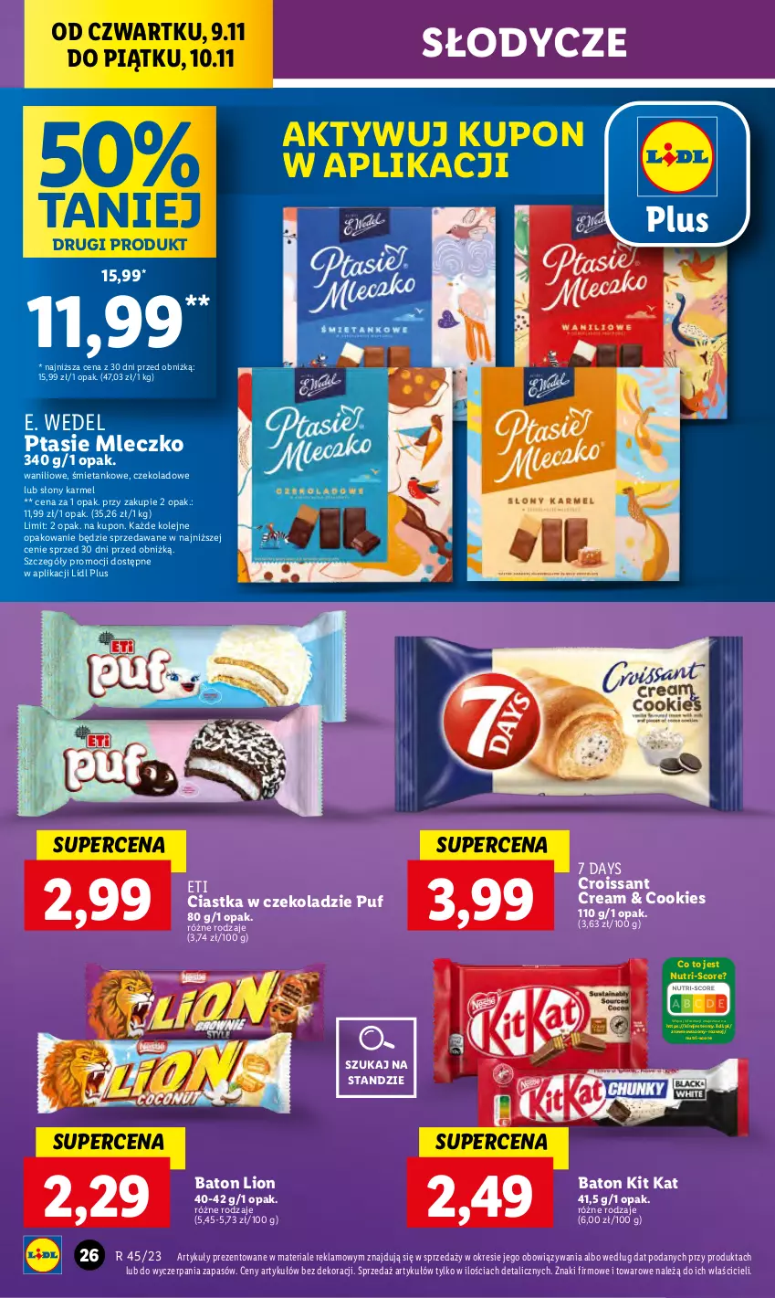 Gazetka promocyjna Lidl - GAZETKA - ważna 09.11 do 10.11.2023 - strona 42 - produkty: 7 Days, Baton, Ciastka, Croissant, E. Wedel, Kit Kat, Lion, Mleczko, Olej, Ptasie mleczko, Puf, Wazon