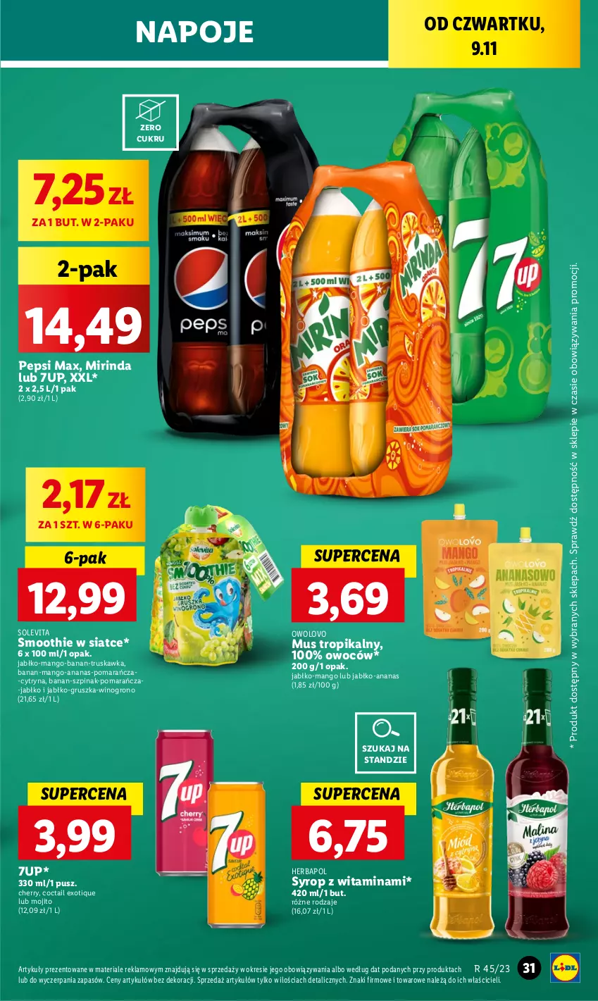 Gazetka promocyjna Lidl - GAZETKA - ważna 09.11 do 10.11.2023 - strona 47 - produkty: 7up, Ananas, Herbapol, Mango, Mirinda, Mus, Napoje, Pepsi, Pepsi max, Smoothie, Syrop, Szpinak, Wino