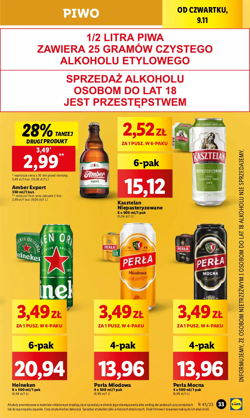 Gazetka promocyjna Lidl - GAZETKA - ważna 09.11 do 10.11.2023 - strona 49 - produkty: Heineken, Kasztelan, Perła, Piwa, Piwo, Por