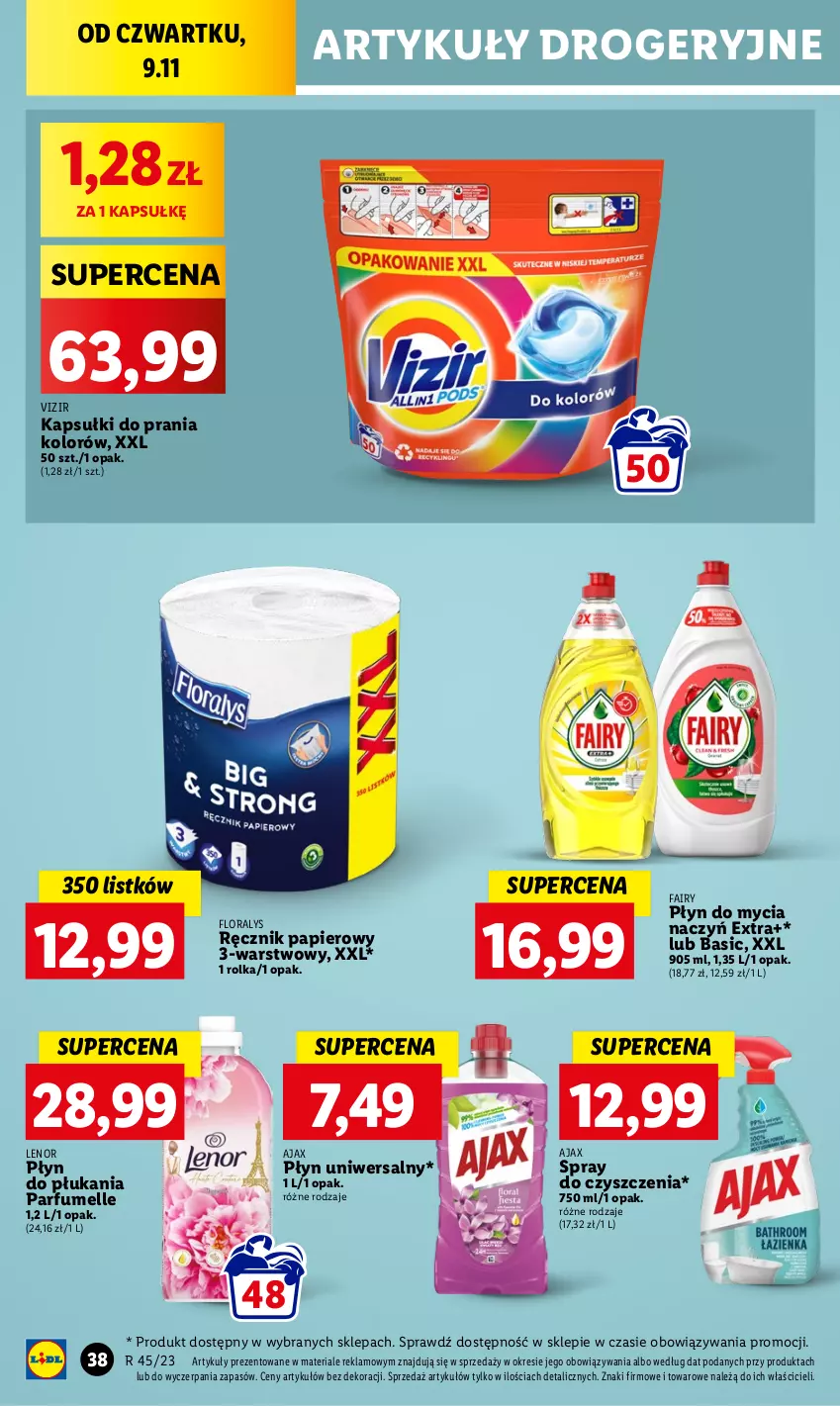 Gazetka promocyjna Lidl - GAZETKA - ważna 09.11 do 10.11.2023 - strona 54 - produkty: Ajax, Do mycia naczyń, Fa, Fairy, Flora, Kapsułki do prania, Lenor, Papier, Płyn do mycia, Płyn do mycia naczyń, Płyn do płukania, Ręcznik, Spray do czyszczenia, Vizir