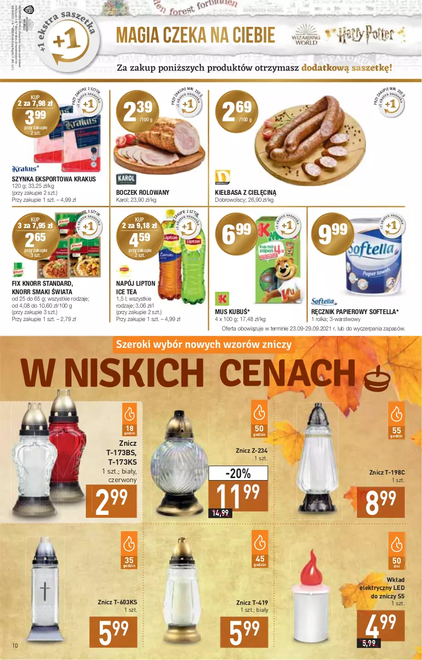 Gazetka promocyjna Stokrotka - Market - ważna 23.09 do 29.09.2021 - strona 10 - produkty: Boczek, Ice tea, Kiełbasa, Knorr, Krakus, Kubuś, Lipton, Mus, Napój, Papier, Por, Ręcznik, Sport, Szynka, Znicz