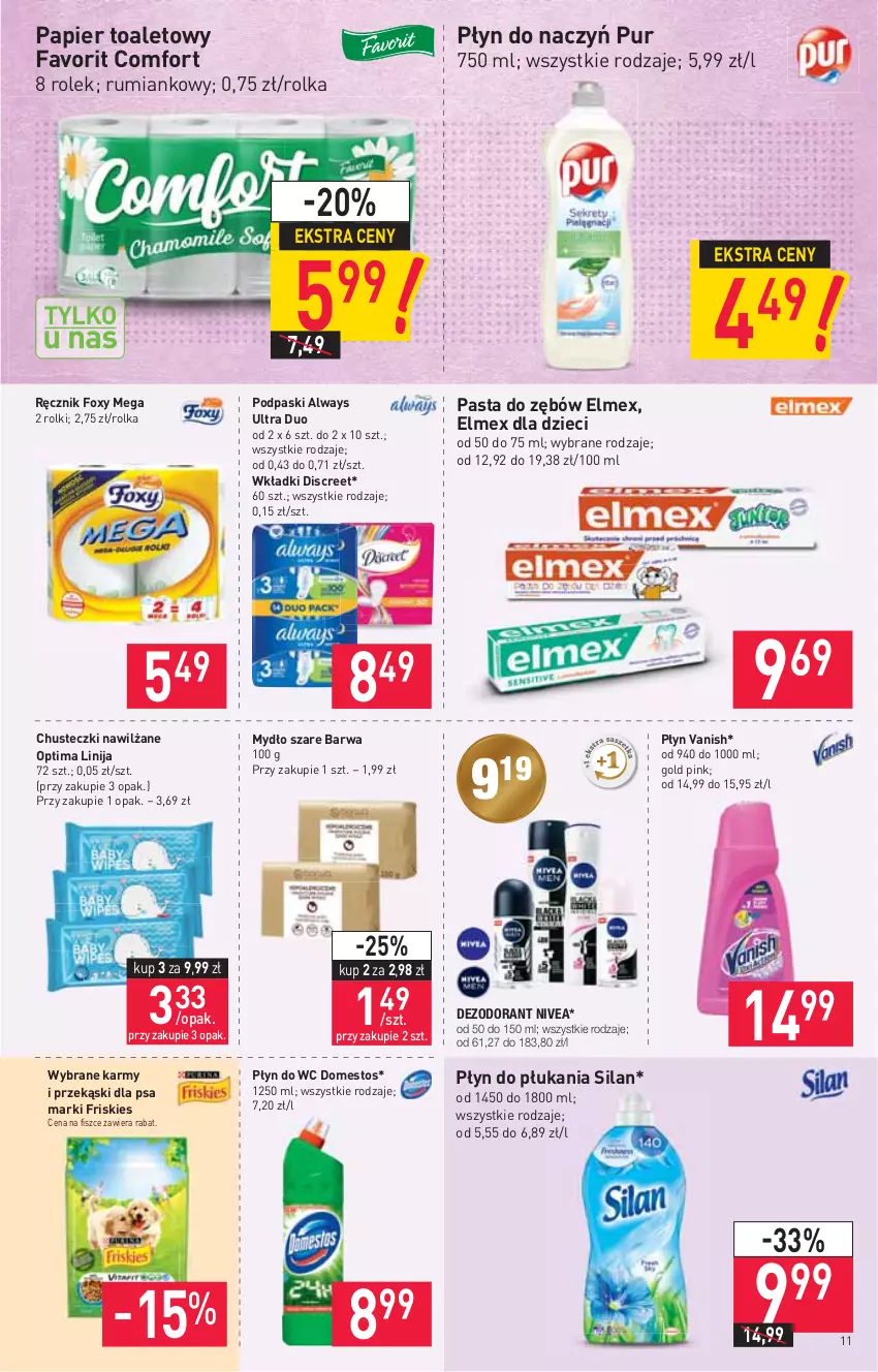 Gazetka promocyjna Stokrotka - Market - ważna 23.09 do 29.09.2021 - strona 11 - produkty: Always, Always Ultra, Chusteczki, Dezodorant, Discreet, Domestos, Dzieci, Elmex, Fa, Foxy, Friskies, Mydło, Nivea, Optima, Papier, Papier toaletowy, Pasta do zębów, Płyn do płukania, Płyn do wc, Podpaski, Przekąski dla psa, Pur, Ręcznik, Rolki, Rum, Silan, Vanish, Wkładki