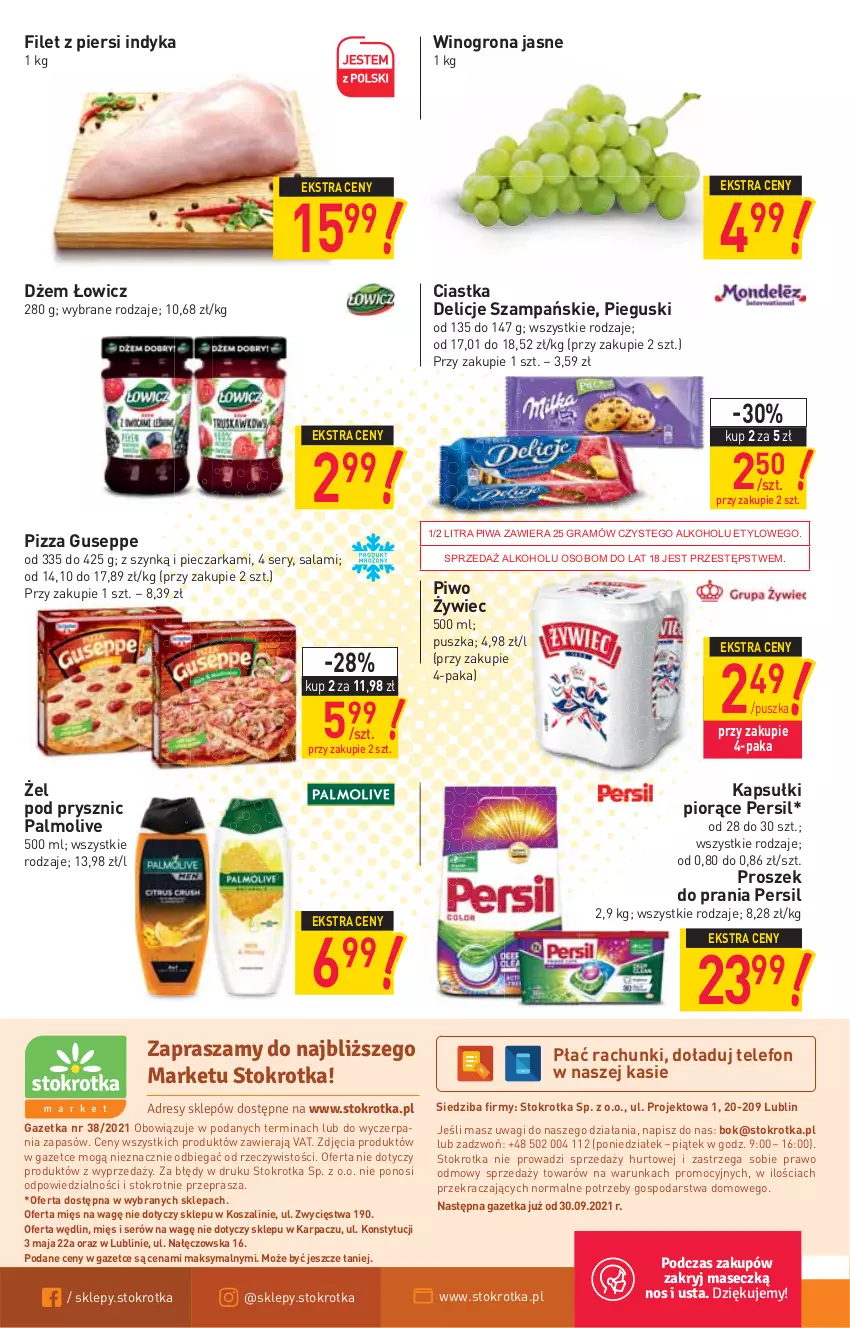 Gazetka promocyjna Stokrotka - Market - ważna 23.09 do 29.09.2021 - strona 12 - produkty: Ciastka, Delicje, Dżem, Filet z piersi indyka, Gra, Karp, Kosz, O nas, Palmolive, Persil, Piec, Pieczarka, Piwa, Piwo, Pizza, Proszek do prania, Salami, Ser, Szal, Telefon, Wagi, Wino, Winogrona