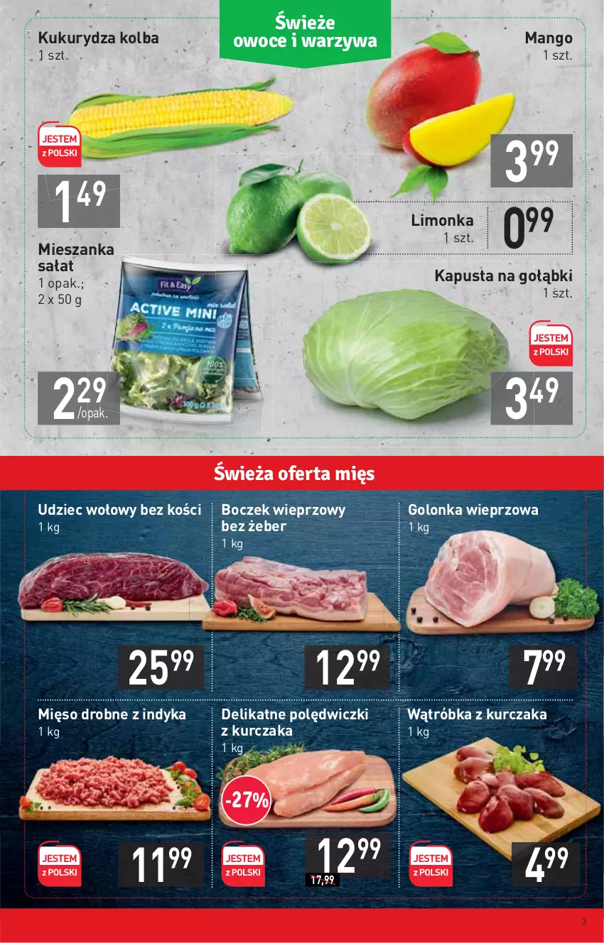 Gazetka promocyjna Stokrotka - Market - ważna 23.09 do 29.09.2021 - strona 3 - produkty: Boczek, Boczek wieprzowy, Golonka wieprzowa, Kukurydza, Kurczak, Limonka, Mango, Mięso, Mieszanka sałat, Polędwiczki z kurczaka, Sałat, Udziec wołowy