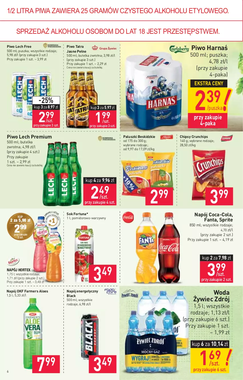 Gazetka promocyjna Stokrotka - Market - ważna 23.09 do 29.09.2021 - strona 6 - produkty: Beskidzki, Chipsy, Coca-Cola, Crunchips, Fa, Fanta, Farmers Aloes, Fortuna, Gra, Harnaś, Hortex, Lack, Lech Premium, Napój, Napój energetyczny, Piwa, Piwo, Sok, Sprite, Tatra, Woda