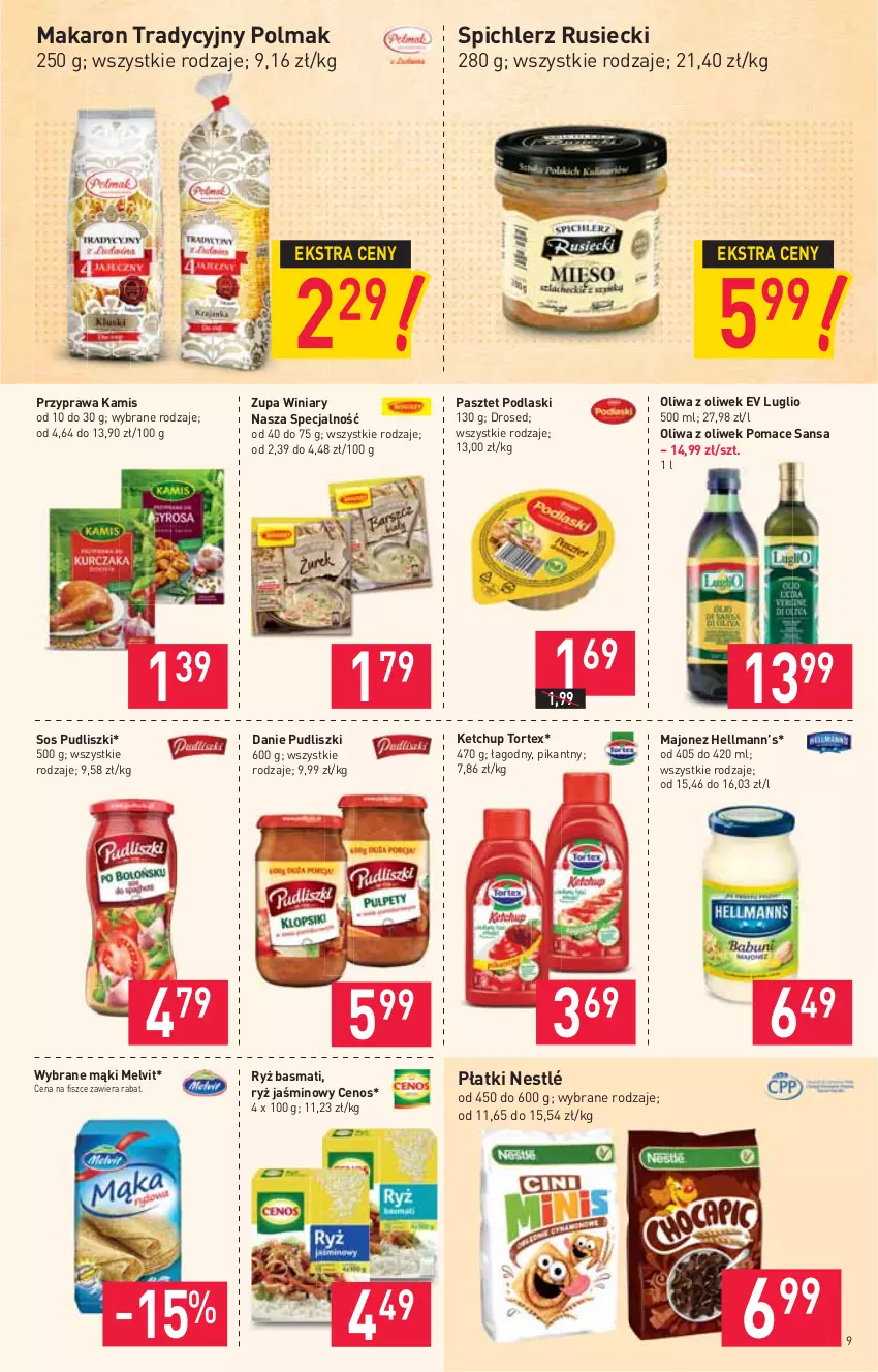 Gazetka promocyjna Stokrotka - Market - ważna 23.09 do 29.09.2021 - strona 9 - produkty: Cenos, Hellmann’s, Kamis, Ketchup, Majonez, Makaron, Melvit, Nestlé, Oliwa z oliwek, Olma, Pasztet, Podlaski, Pudliszki, Ryż, Ryż basmati, Sos, Spichlerz Rusiecki, Winiary, Zupa