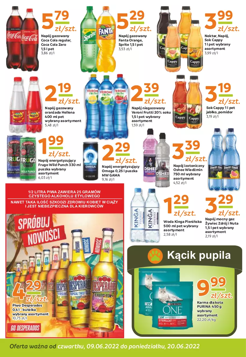 Gazetka promocyjna Gama - Gazetka Gama - ważna 20.06.2022 do 09.06.2023 - strona 10 - produkty: Cappy, Desperados, Fa, Fanta, Gra, Hellena, Napój, Napój gazowany, Napój izotoniczny, Napój niegazowany, Nektar, Oranżada, Oshee, Piec, Piwa, Piwo, Pur, Purina, Sok, Sprite, Woda