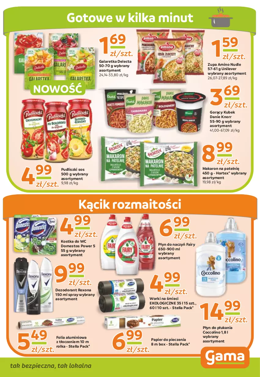 Gazetka promocyjna Gama - Gazetka Gama - ważna 20.06.2022 do 09.06.2023 - strona 9 - produkty: Coccolino, Delecta, Dezodorant, Domestos, Fa, Fairy, Folia aluminiowa, Gala, Galaretka, Hortex, Knorr, Kostka do wc, Kubek, Makaron, Papier, Papier do pieczenia, Piec, Płyn do płukania, Pudliszki, Rexona, Sos, Worki na śmiec, Worki na śmieci, Zupa