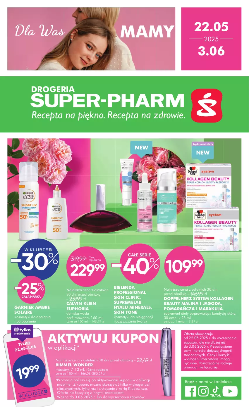 Gazetka promocyjna Super Pharm - Gazetka - ważna 20.05 do 03.06.2025 - strona 1 - produkty: Bielenda, Calvin Klein, Clin, Doppelherz, Garnier, Kosmetyki do pielęgnacji, Mobil, Perfum, Ser, Suplement diety, Woda, Woda perfumowana