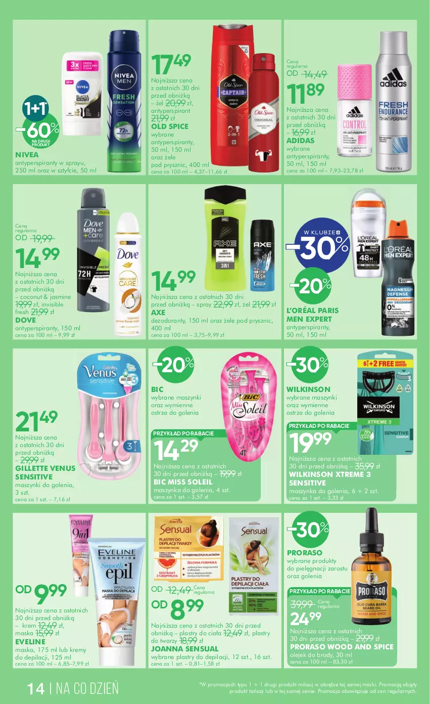 Gazetka promocyjna Super Pharm - Gazetka - ważna 20.05 do 03.06.2025 - strona 14 - produkty: Adidas, Antyperspirant, BIC, Dezodorant, Dove, Eveline, Gillette, Gillette Venus, Joanna, L’Oréal, Maska, Maszynka, Maszynka do golenia, Nivea, Old Spice, Olej, Plastry do depilacji, Sensual, Szynka, Venus