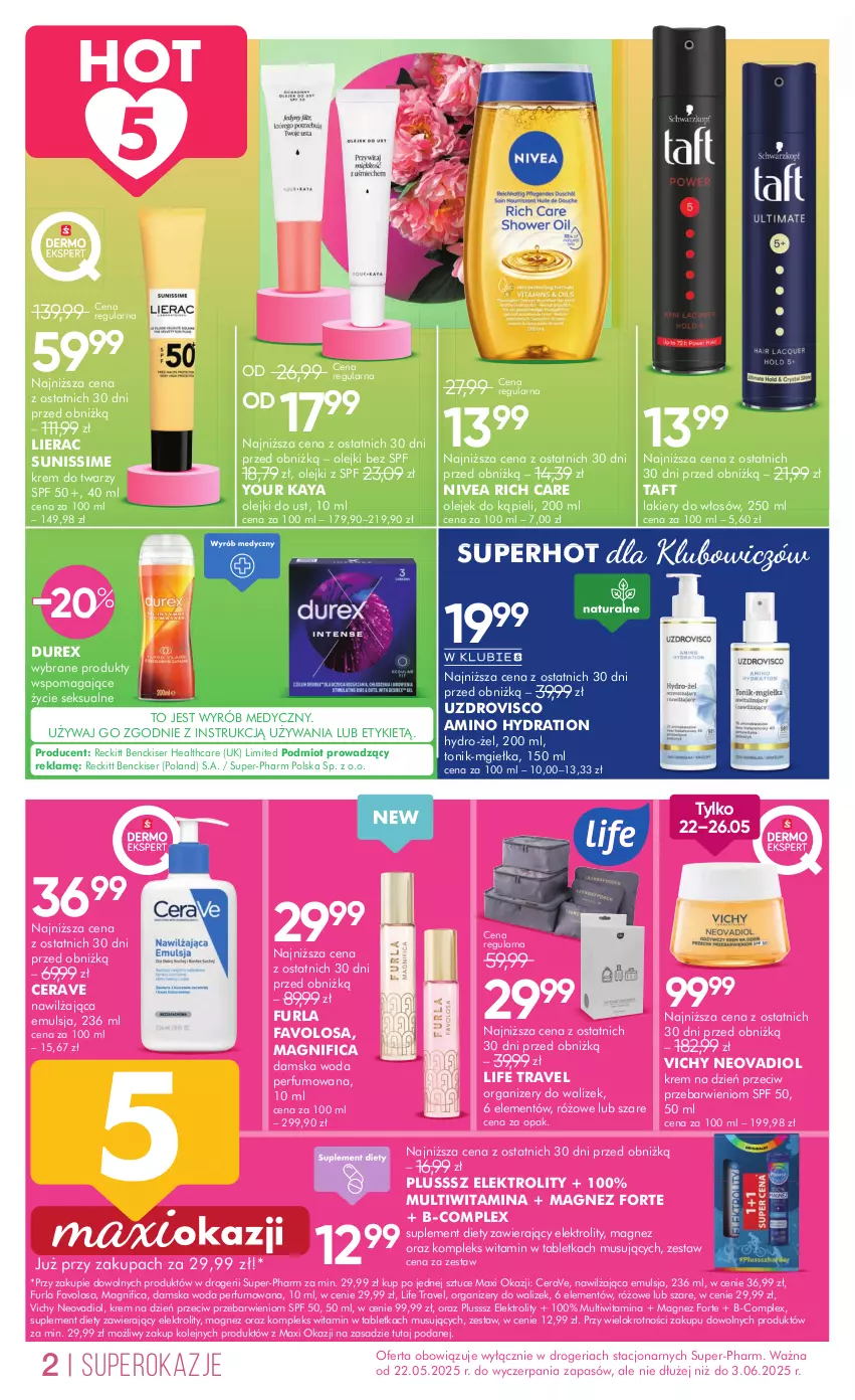 Gazetka promocyjna Super Pharm - Gazetka - ważna 20.05 do 03.06.2025 - strona 2 - produkty: CeraVe, Durex, Emulsja, Fa, Krem do twarzy, Krem na dzień, Lakier, Lierac, Magnez, Mus, Nivea, Olej, Organizer, Perfum, Ser, Suplement diety, Tablet, Taft, Tonik, Vichy, Woda, Woda perfumowana